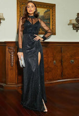 New elegant Black Glitter high Neck Lantern Mesh long Sleeve with split evening and party dress