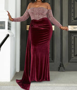 Elegant Front Draped tail Curvy Body Sequins Mermaid Off Shoulder Evening Dress/ Mother of the bride /Bridesmaid