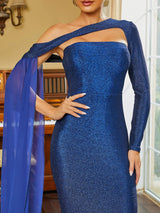 Sexy Glitter Blue One shoulder Evening Prom Bridesmaid Dress with Split and cape