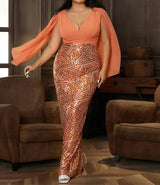 Plus Size Formal V Neck Sequin Slit Back Cloak Dress