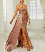 Sequins Suspender Evening Dress with High Slit