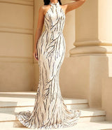 Open Back Sequin Halter Neck Sleeveless Long Gown