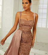 Sequins Suspender Evening Dress with High Slit