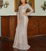 Elegant Long Sleeve Square Collar Bodycon Maxi Prom Party Dresses Gown