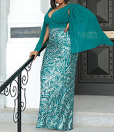 Plus Size Formal V Neck Sequin Slit Back Cloak Dress