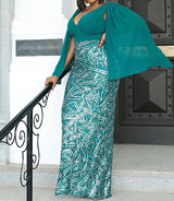 Plus Size Formal V Neck Sequin Slit Back Cloak Dress