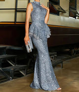 Elegant and sophisticated Collar design with Sleeveless Ruffle Evening Dress