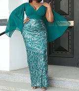 Plus Size Formal V Neck Sequin Slit Back Cloak Dress