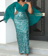 Plus Size Formal V Neck Sequin Slit Back Cloak Dress