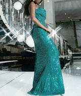 Off Shoulder Ruffle Neck Green Sequin A-line Fitted Dress