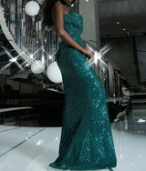 Off Shoulder Ruffle Neck Green Sequin A-line Fitted Dress