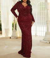 Plus Size Draped Sweetheart Burgundy Mermaid Sequin Dress