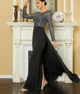 Elegant Black Evening Dress with attached Train - Women's O-Neck Long Sleeve Sequin Patchwork Gown