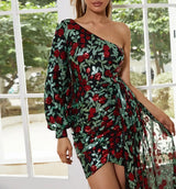 NEW Floral pattern Sequins One Shoulder Lantern Sleeve Draped Mini Dress