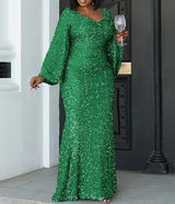PLUS SIZE Sweetheart Neck Maxi Sequin Trumpet Sleeve Gown