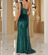 Velvet High Slit One Shoulder Elegant Evening Dress