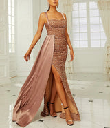 Sequins Suspender Evening Dress with High Slit