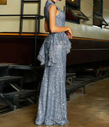 Elegant and sophisticated Collar design with Sleeveless Ruffle Evening Dress