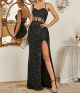 New- High Split with exposed corset Black Prom and Evening Dress