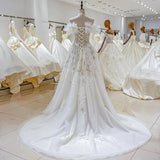 Boho Crystal Beading Lace Appliques A-Line Off the Shoulder Wedding Gown