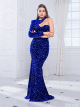 Elegant Single Sleeve Strapless Stretchy Sequin Evening Dress