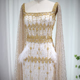 New Luxury Feather Crystal Evening Dress with Bling Cape