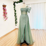 Elegant Handcrafted One shoulder cap sleeve Split Evening Dress.