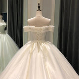 2023 New Gorgeous Appliques Chapel Train Off Shoulder Beaded Ball Gown