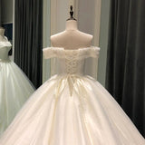 2023 New Gorgeous Appliques Chapel Train Off Shoulder Beaded Ball Gown