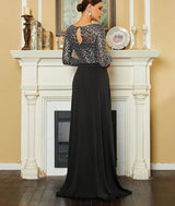 Elegant Black Evening Dress with attached Train - Women's O-Neck Long Sleeve Sequin Patchwork Gown