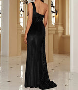 Velvet High Slit One Shoulder Elegant Evening Dress