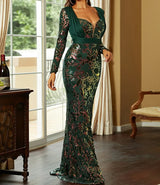 Elegant Green Mermaid Party Dress with Sequined Flower Pattern and Long Sleeves - Perfect for Weddings, Proms, and Formal Events