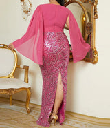 Plus Size Formal V Neck Sequin Slit Back Cloak Dress