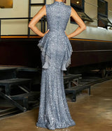 Elegant and sophisticated Collar design with Sleeveless Ruffle Evening Dress