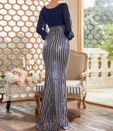 Stunning Sequin Stripe Evening Dress: Deep V-neck, Split Long Sleeves, Bodycon Fit - Perfect for Weddings, Proms, and Special Occasions