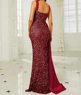 Sequins Suspender Evening Dress with High Slit