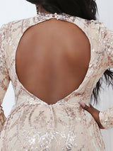 Curvy Sequin Bodycon Plus Size Elegant Long Sleeve Backless Gown