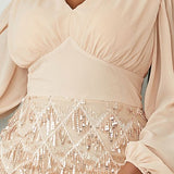 Long Sleeve Chiffon Curvy Plus Size Elegant V Neck Evening Dress