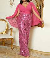 Plus Size Formal V Neck Sequin Slit Back Cloak Dress