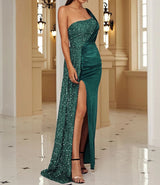 Velvet High Slit One Shoulder Elegant Evening Dress