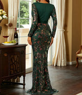 Elegant Green Mermaid Party Dress with Sequined Flower Pattern and Long Sleeves - Perfect for Weddings, Proms, and Formal Events