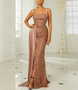 Sequins Suspender Evening Dress with High Slit