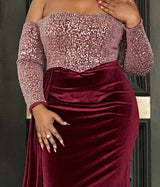 Elegant Front Draped tail Curvy Body Sequins Mermaid Off Shoulder Evening Dress/ Mother of the bride /Bridesmaid