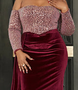 Elegant Front Draped tail Curvy Body Sequins Mermaid Off Shoulder Evening Dress/ Mother of the bride /Bridesmaid