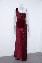 Velvet High Slit One Shoulder Elegant Evening Dress