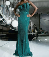 Off Shoulder Ruffle Neck Green Sequin A-line Fitted Dress