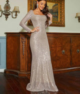 Elegant Long Sleeve Square Collar Bodycon Maxi Prom Party Dresses Gown