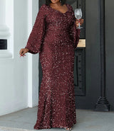 PLUS SIZE Sweetheart Neck Maxi Sequin Trumpet Sleeve Gown