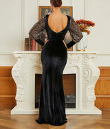 Elegant Black Sequin Velvet Evening Gown with Lantern Sleeves and Backless Design - Perfect for Weddings, Proms, and Other Special Occasions