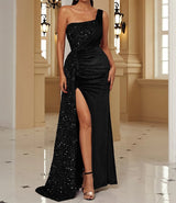 Velvet High Slit One Shoulder Elegant Evening Dress
